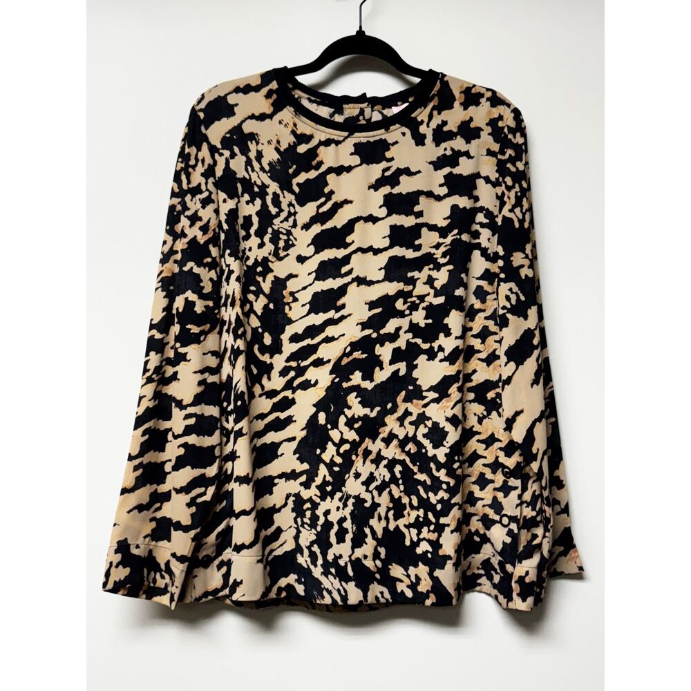 CHICO'S BLACK LABEL Black and Gold Abstract Leopard Print Crewneck Blouse, Sz L